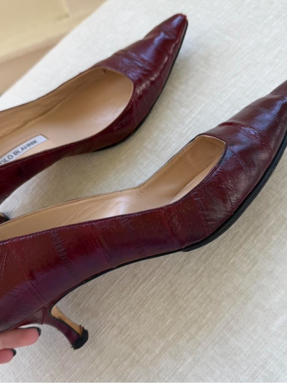 Manolo Blahnik Burgundy Eel Pointed-Toe Leather Kitten Heels